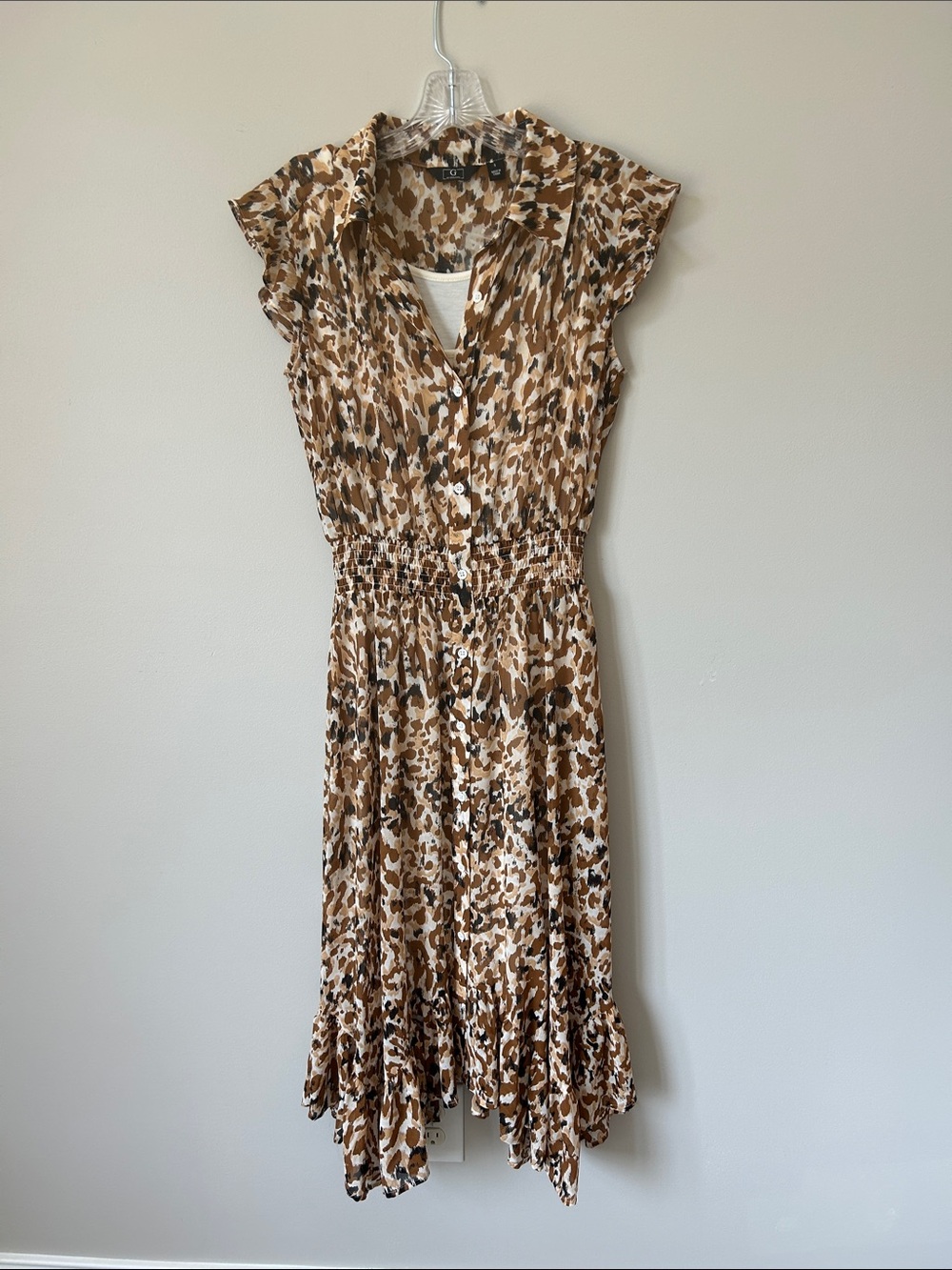 G by Giuliana Brown and Cream Animal Print Midi Dress with Built-in Cream Lining